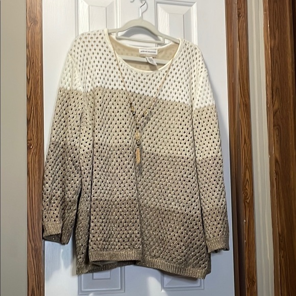Alfred Dunner Cream and Tan Sweater with Metallic Thread and Detachable Necklace - Picture 1 of 6
